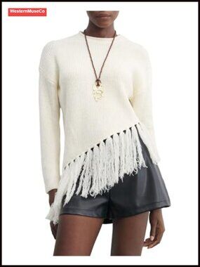 Boho Fringe Cropped Pullover Sweater Crew Neck Long Sleeve Knit Top